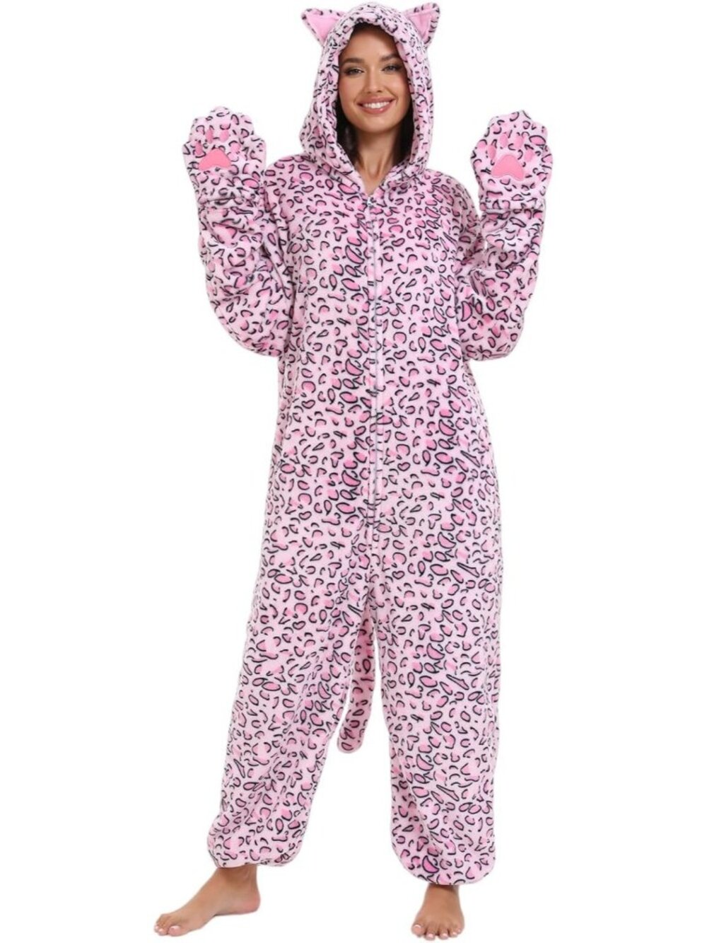 Women's Pink Leopard Cat Adult Onesie Pajamas Animal One Piece Halloween Costume